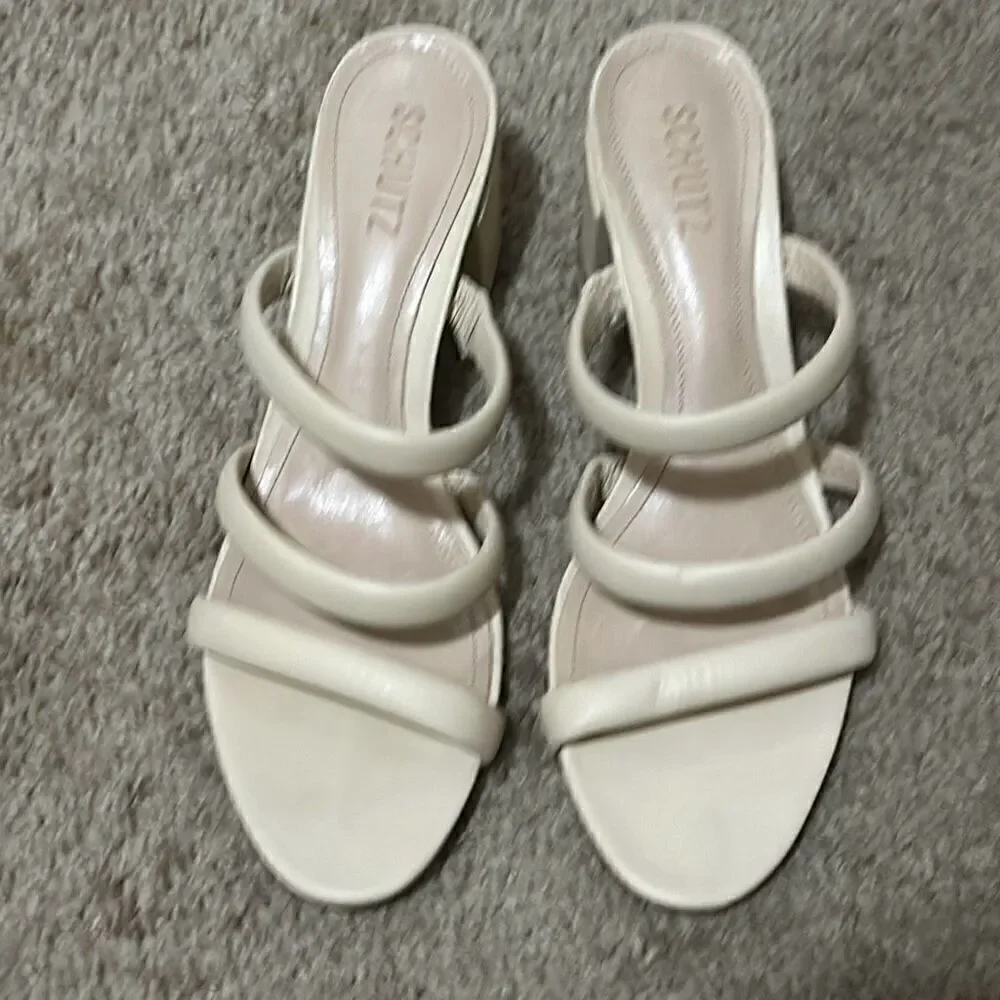 Schutz Women's 11 Block Heel Leather Strappy Slip On Sandals Ivory Cream New